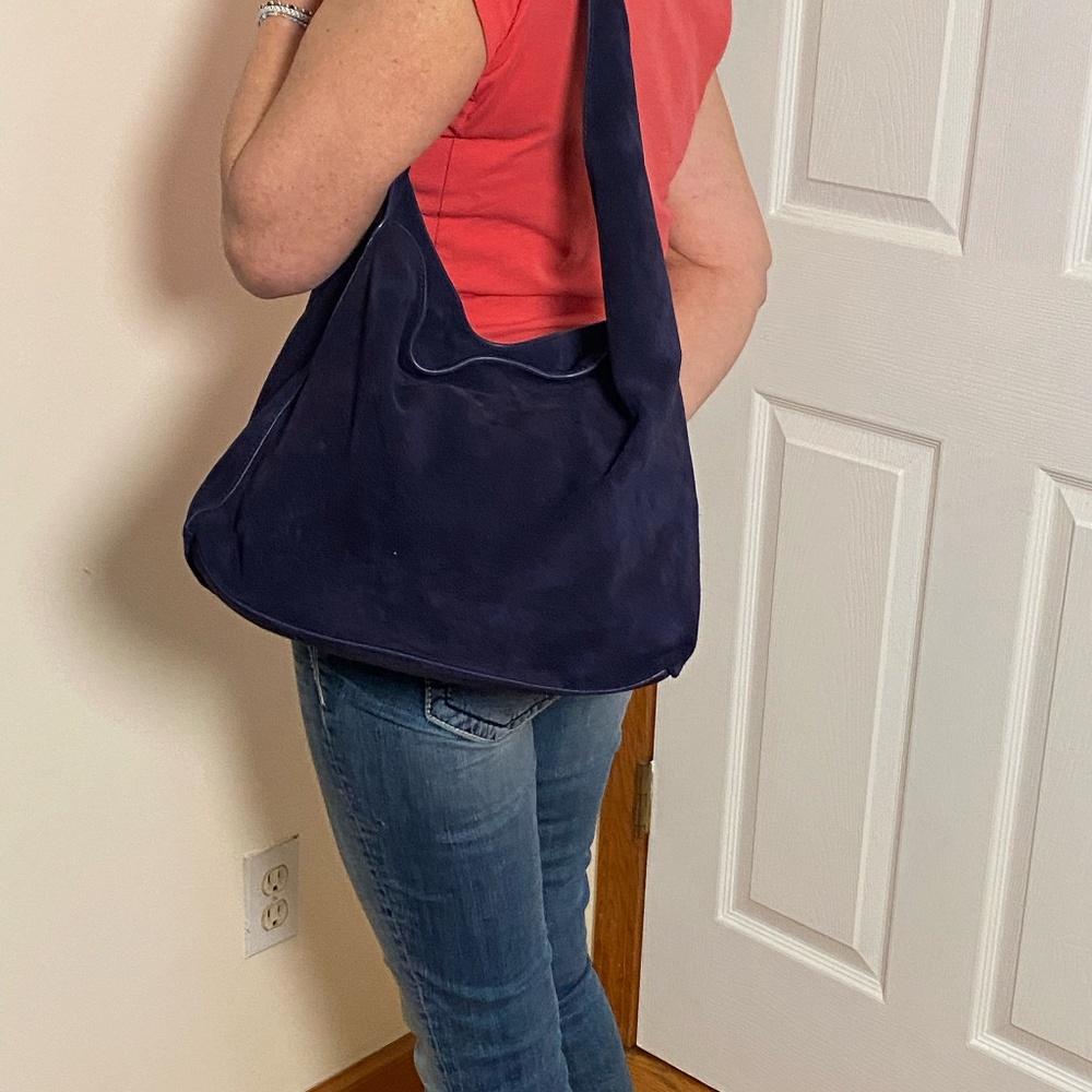 Italian suede slouchy shoulder bag in midnight